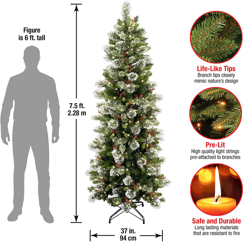 National Tree Company Pre-lit Artificial Christmas Tree | Includes Pre-strung White Lights and Stand | Flocked with Cones, Red Berries and Snowflakes | Wintry Pine Slim - 7.5 ft Home & Garden > Decor > Seasonal & Holiday Decorations > Christmas Tree Stands National Tree Company   