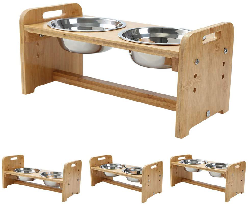 FOREYY Adjustable Raised Pet Stand for Cats and Dogs with 4 Bowls, Bamboo Elevated Dog Cat Food and Water Bowls Stand Feeder with 4 Stainless Steel Bowls and Anti Slip Feet Animals & Pet Supplies > Pet Supplies > Dog Supplies YY FOREYY Small (Pack of 1)  