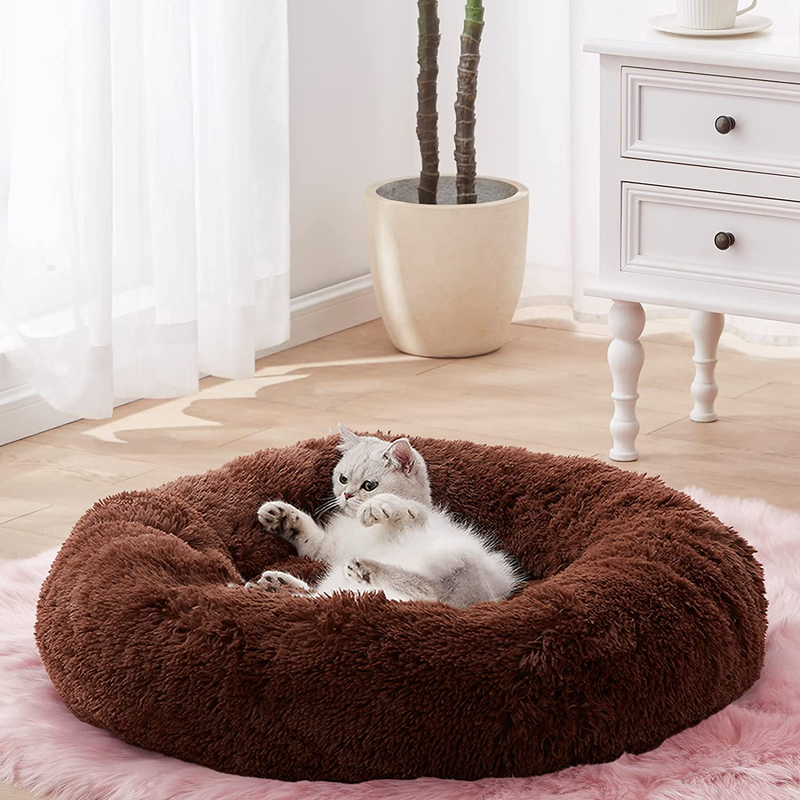 Sunstyle Home Soft Plush round Pet Bed for Cats or Small Dogs Cat Bed Self Warming Autumn Winter Indoor Sleeping Cozy Pet Bed for Small Dogs and Cats Donut anti Slip Bottom Animals & Pet Supplies > Pet Supplies > Cat Supplies > Cat Beds SunStyle Home Chocolate L(27"x27") 