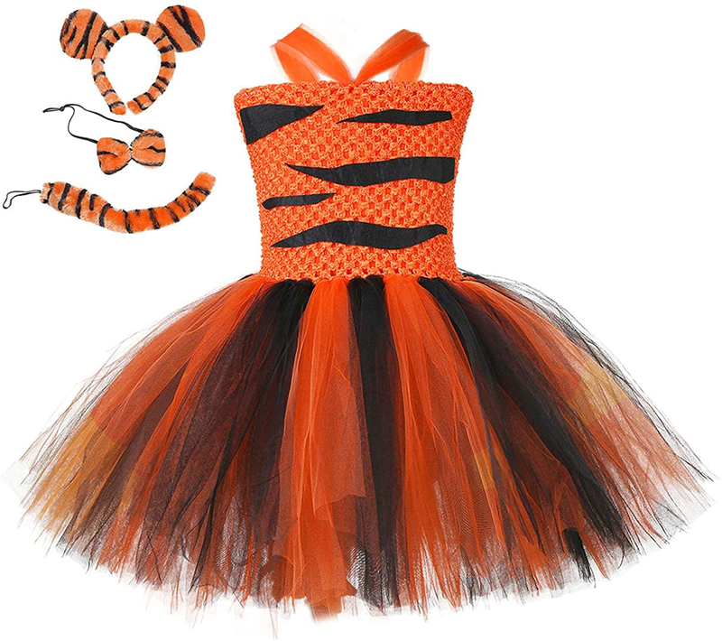 Luckygal Girls Tiger Costume Halloween Tutu Dresses Animal Outfits Party Clothes with Ears Headband Bowtie Tail Apparel & Accessories > Costumes & Accessories > Costumes LUCKYGAL Orange Tiger 5-6 Years 