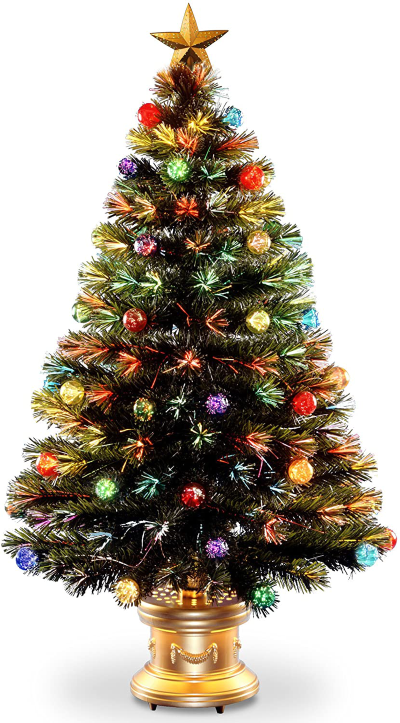 National Tree Company Pre-lit Artificial Christmas Tree | Flocked with Mixed Decorations and Multi-Color Lights | Great for Table Centerpieces, or Other Holiday Décor | Fiber Optic Fireworks - 4 ft