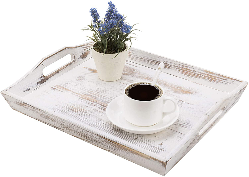 MyGift 16-inch Shabby Whitewashed Wood Breakfast Serving Tray with Cutout Handles Home & Garden > Decor > Decorative Trays MyGift Whitewashed  