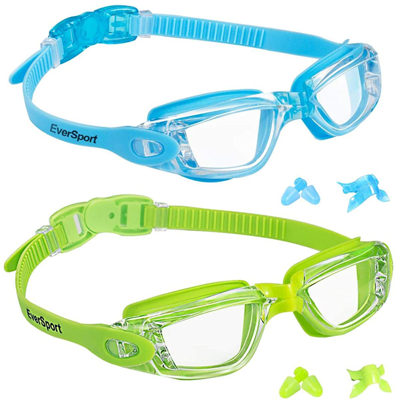 Kids Swim Goggles, Pack of 2 Swimming Goggles for Children Teens, Anti-Fog Anti-UV Youth Swim Glasses Leak Proof for Age4-16 Sporting Goods > Outdoor Recreation > Boating & Water Sports > Swimming > Swim Goggles & Masks EverSport Lightblue & Green  