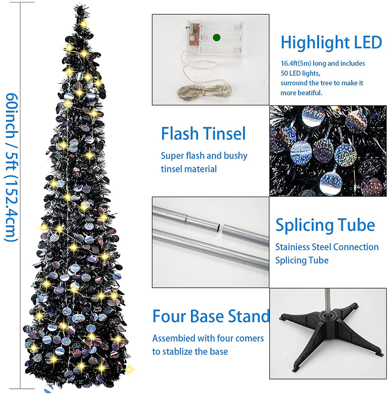 Halloween Christmas Tree with 50 Lights,5ft Black Artificial Glittery Circle Sequin Collapsible Pencil Tinsel Trees for Decorations Indoor Holiday Party Home & Garden > Decor > Seasonal & Holiday Decorations > Christmas Tree Stands WOKEISE   