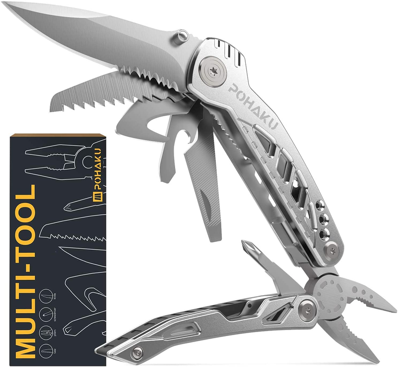 Multitool Knife, Pohaku 13 in 1 Portable Multifunctional Multi Tool with 3" Large Blade, Spring-Action Plier, Safety Locking Design, and Durable Pouch for Outdoor, Camping, Fishing, Survival and More