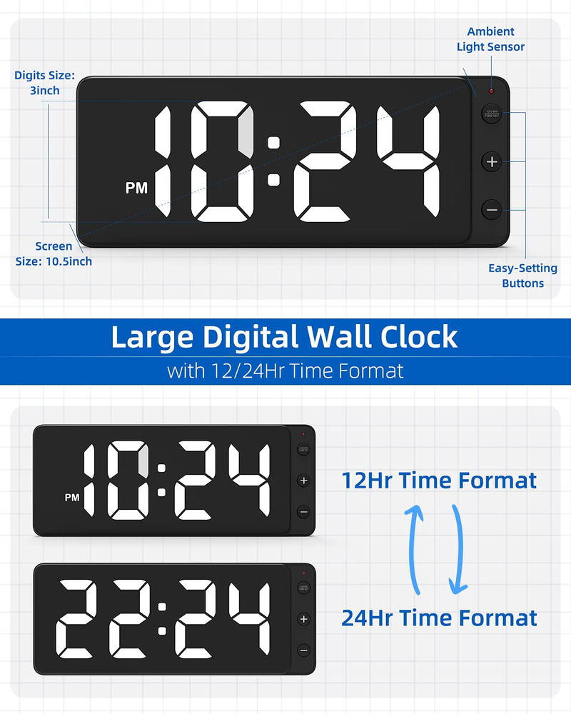 LED Digital Wall Clock with Large Display, Big Digits, Auto-Dimming, 12/24Hr Format, Battery Backup, Silent Wall Clock for Farmhouse, Kitchen, Living Room, Bedroom, Classroom, Office – White Home & Garden > Decor > Clocks > Wall Clocks LIELONGREN   