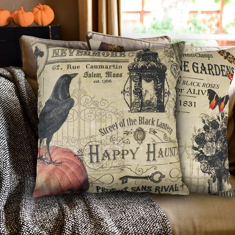 Halloween Throw Pillow Cover, 18x18 Inch Set of 4 Pieces Outdoor Decorative Farmhouse Rustic Linen Vintage Decoration Decor Home Skeleton Square Cushion Case Pillowcase for Sofa Couch Arts & Entertainment > Party & Celebration > Party Supplies PADIMAT   