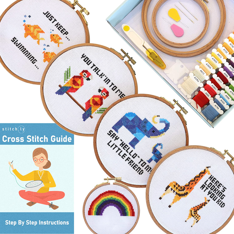 Stitch.ly Cross Stitch Kits Beginner. 5 Cross Stitch Patterns. Anxiety Relief. Designed in Ireland. 3 Embroidery Hoops. Instruction Guide Included Arts & Entertainment > Hobbies & Creative Arts > Arts & Crafts > Art & Crafting Tools > Craft Measuring & Marking Tools > Stitch Markers & Counters STITCH.LY Default Title  