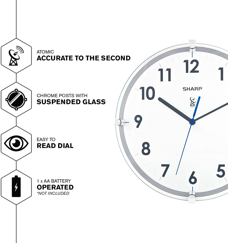 Sharp Atomic Analog Wall Clock – 10.5” Suspended Glass Face Atomic Clock - Sets Automatically - Easy to Read – Updates Automatically to Time Zone and for Daylight Savings Home & Garden > Decor > Clocks > Wall Clocks Sharp   