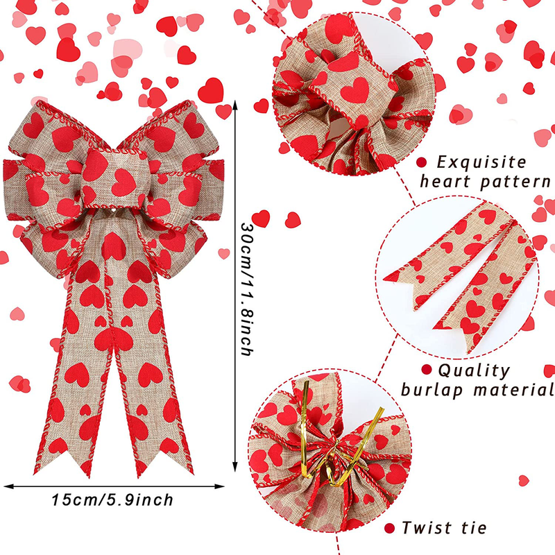 MTLEE 6 Pieces Valentine'S Day Wreath Bow Decoration 5.9 X 11.8 Inches Valentine Burlap Wreath Bow Heart Print Faux Burlap Bow for Wedding Valentine'S Day Crafts DIY Bow Decoration Home & Garden > Decor > Seasonal & Holiday Decorations MTLEE   