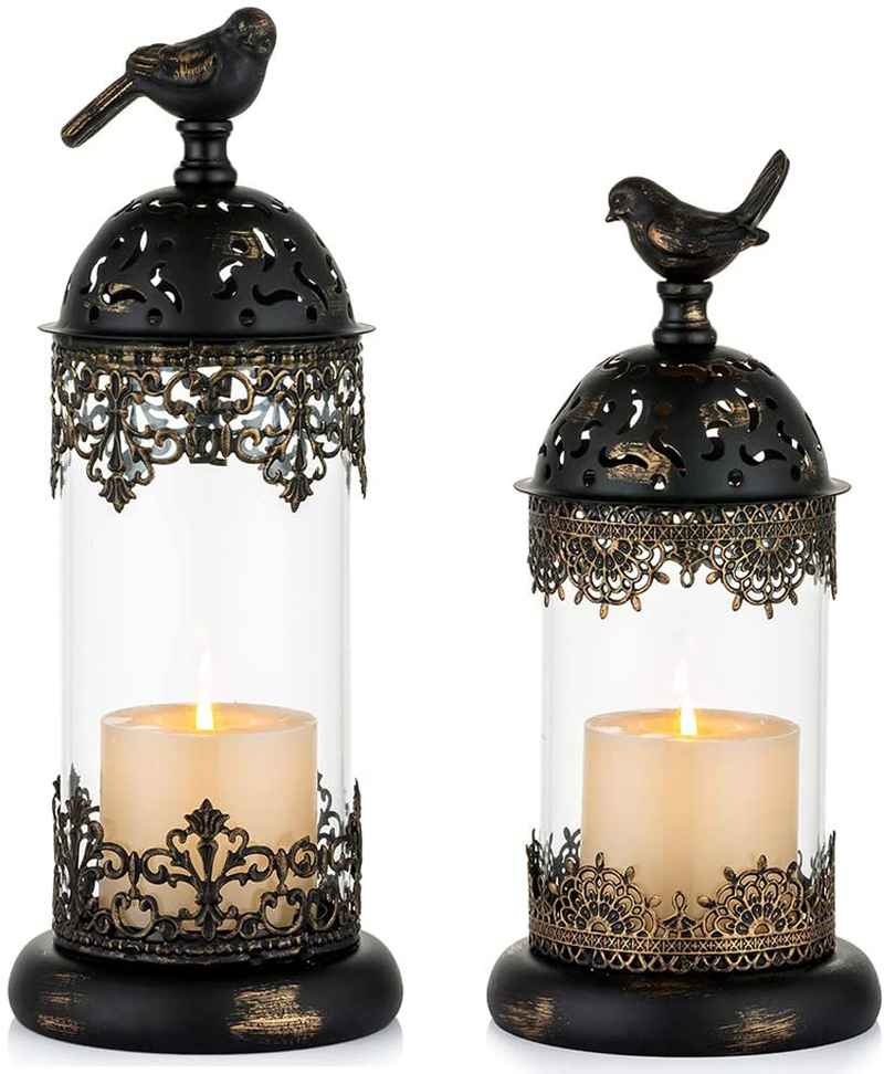 NUPTIO 2 Pcs Vintage Pillar Candle Holders Moroccan Wrought Iron Hurricane Candle Holder Ornate Centerpiece for Mantlepiece Decorations, Candlestick Holders for Table Living Room Balcony Garden Home & Garden > Decor > Home Fragrance Accessories > Candle Holders NUPTIO Black S+L 