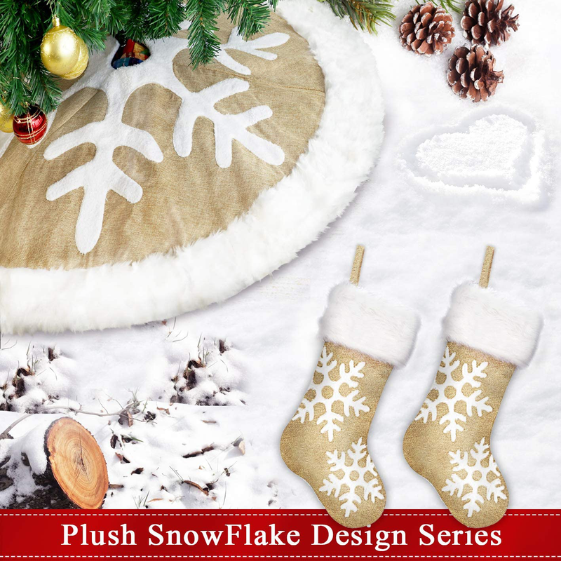 Ivenf Christmas Tree Skirt, Burlap Snowflakes with White Thick Plush Faux Fur Trim, 48 inches Rustic Yellow Burlap Feel Xmas Decorations, Indoor Outdoor Home Holiday Party Decor Home & Garden > Decor > Seasonal & Holiday Decorations > Christmas Tree Skirts Ivenf   