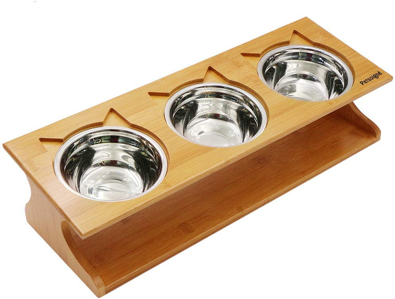 Petsoigné Cat Bowls Pet Dining Table with Raised Slope Wooden Stand Elevated Pet Bowls with Oblique Stand for Cats, Dogs, Kitten and Puppy (3 Bowls, Steel) Animals & Pet Supplies > Pet Supplies > Cat Supplies Petsoigné   