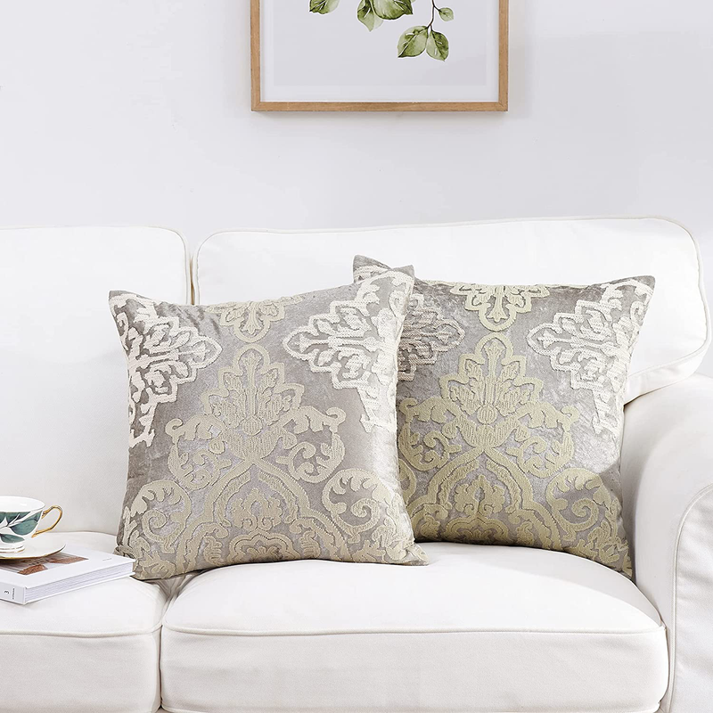 MOTINI Velvet Embroidered Throw Pillow Covers Silver Grey and Beige with Champagne Gold Accent Damask Floral Luxury Boho Square Decorative Cushion Covers Pillow Cases for Sofa Couch Bed Chair, 2 Pack Home & Garden > Decor > Chair & Sofa Cushions MOTINI   