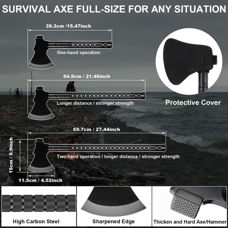 Sunkoon Survival Shovel Survival Axe, Camping Folding Shovels Hatchet with 19.2-37.8Inch Lengthened Handle Enlarged Shovelhead High Carbon Steel with Storage Pouch for Camping Cycling Hiking
