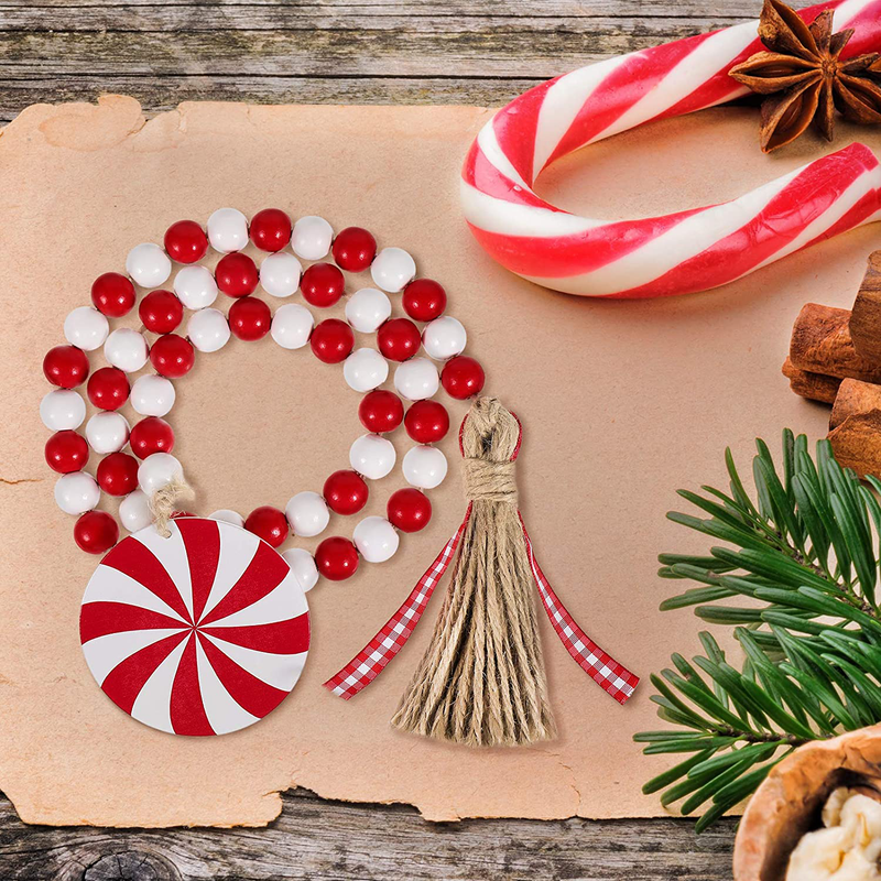 Christmas Wooden Bead Wreath with Tassels, Decorated with Candy Pendant, Wood Bead Garland Wreath for Christmas Decorations, Farmhouse Wall Hanging Ornaments (Red, White, 3.15 x 3.15 Inch) Home & Garden > Decor > Seasonal & Holiday Decorations& Garden > Decor > Seasonal & Holiday Decorations Chuangdi   