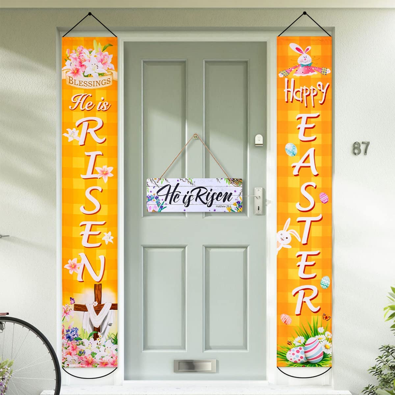 Happy Easter Decorations Porch Sign, Hogardeck He Is Risen Easter Door Decorations, Buffalo Plaid Bunny Outdoor Indoor Hanging Banner, Farmhouse Spring Decor for Front Door Home & Garden > Decor > Seasonal & Holiday Decorations hogardeck Easter  