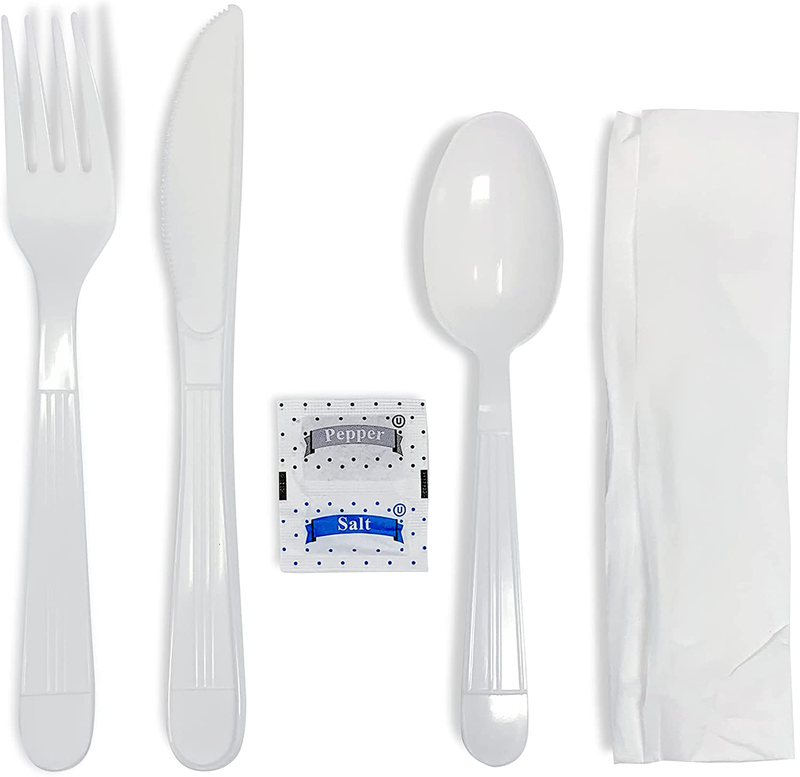 Faithful Supply 50 Plastic Cutlery Packets - Heavy Duty Knife Fork Spoon Napkin Salt Pepper Sets - White Plastic Silverware - Individually Wrapped Kits - Bulk Utensil Set Disposable To Go (White 50) Home & Garden > Kitchen & Dining > Tableware > Flatware > Flatware Sets Faithful Supply 50  