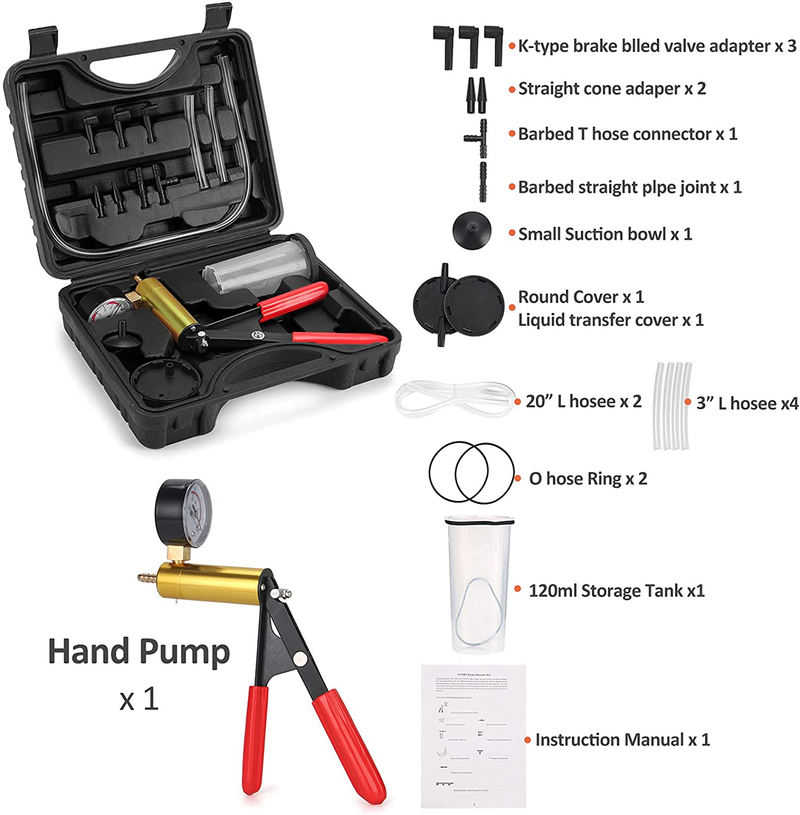 HTOMT 2 in 1 Brake Bleeder Kit Hand held Vacuum Pump Test Set for Automotive with Protected Case,Adapters,One-Man Brake and Clutch Bleeding System (Black)  HTOMT   