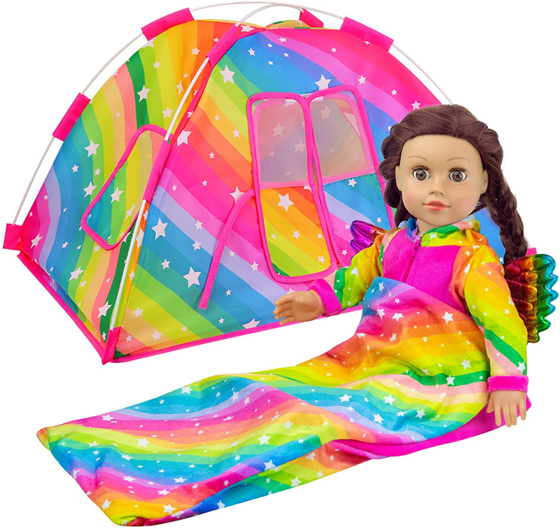 K.T. Fancy 8 PCS American 18 Inch Girl Dolls Camping Tent Set and Accessories Contain (Doll of Tent, Sleeping Bag, Clothes, Shoes) + Eye Mask, Pillow, Neck Pillow for Doll and Kids Sporting Goods > Outdoor Recreation > Camping & Hiking > Tent Accessories K.T. Fancy   