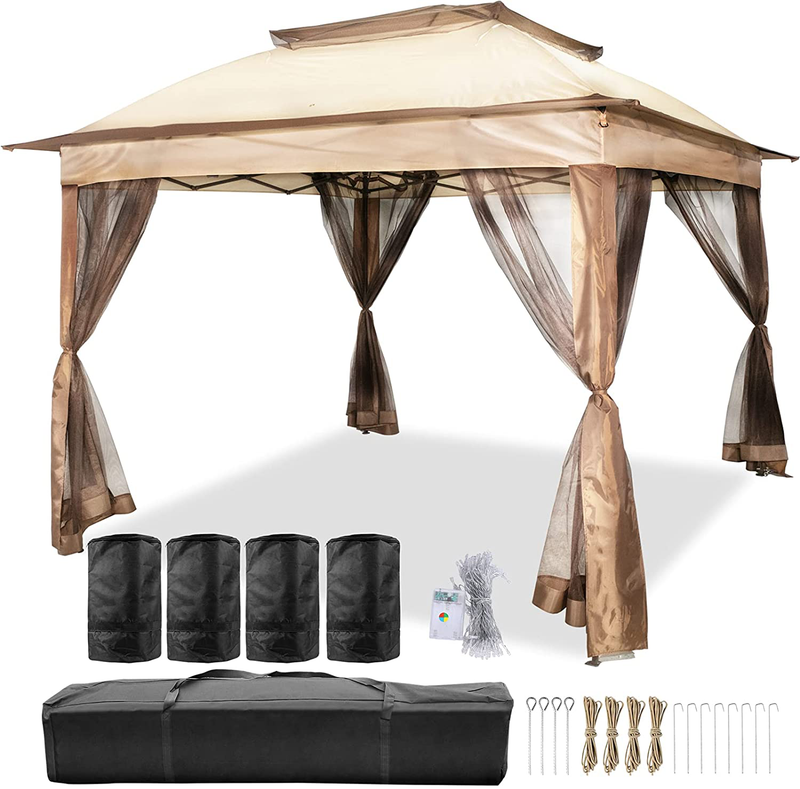 Happybuy 12x12ft Outdoor Pop-Up Canopy Gazebo Starter Kit, Equipped with Four Sandbags, Ground Spikes, Netting, Ropes, Carrying Bag - Portable Brown Tent for Backyard, Patio and Lawn, Upgraded Version Home & Garden > Lawn & Garden > Outdoor Living > Outdoor Structures > Canopies & Gazebos Happybuy 11x11FT  