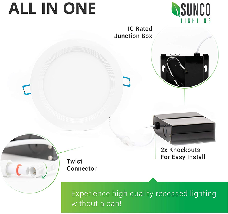 Sunco Lighting 12 Pack 6 Inch Slim LED Downlight, Baffle Trim, Junction Box, 14W=100W, 850 LM, Dimmable, 6000K Daylight Deluxe, Recessed Jbox Fixture, IC Rated, Retrofit Installation - ETL