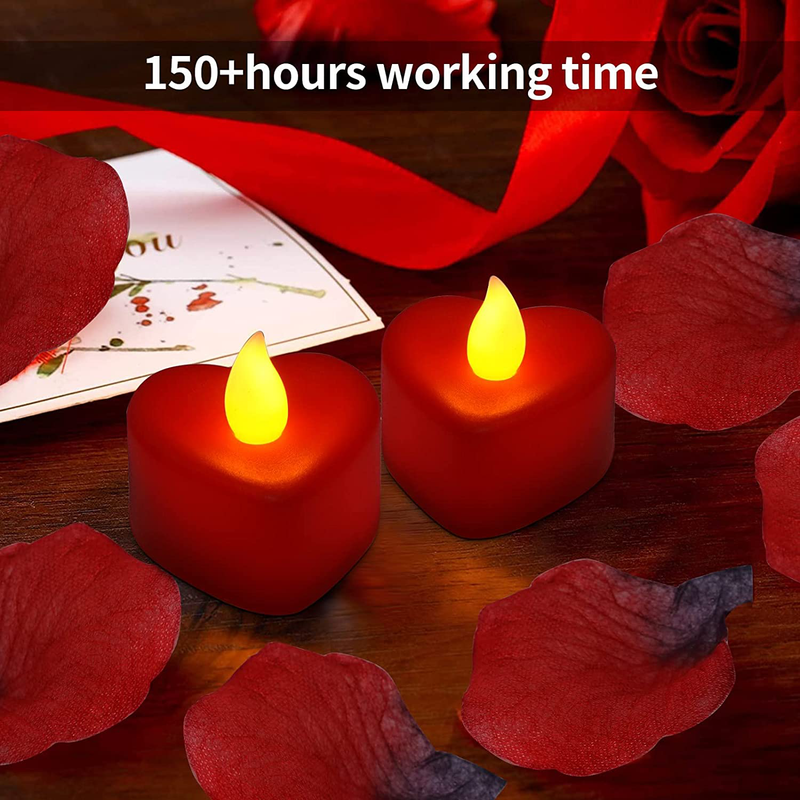 SHYMERY 1000 Pcs Artificial Rose Petals with 24 Pack Red Heart Shaped Flameless LED Tea Light Candles,Rose Pedals & Candles for Romantic Night,Him Set,Valentine'S Day,Honeymoon,Love Decorations