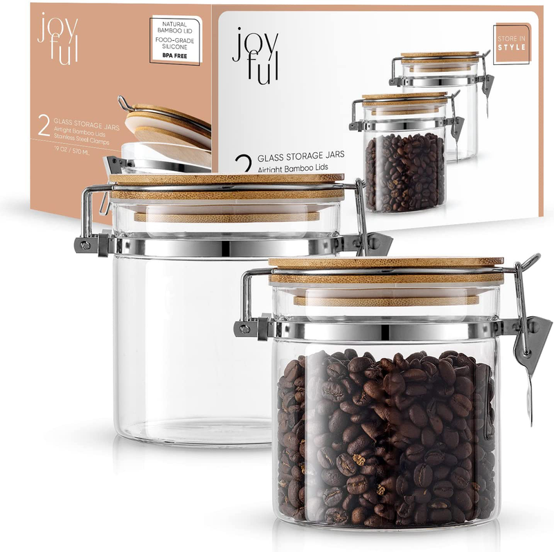 Joyjolt Glass Jars with Bamboo Lids (19 Fl Oz). 2PC Set of Airtight Storage Jars with Clamp Lids for Pantry Food Storage. Air Tight Sealable Glass Canisters Containers for Kitchen Organization