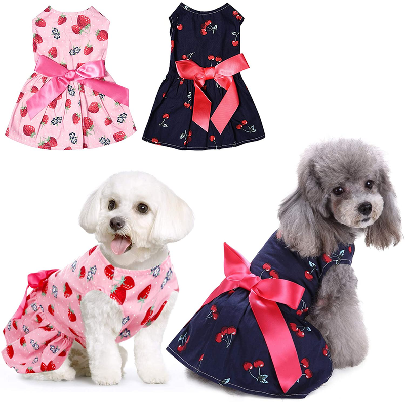 KOESON 2 Pack Dog Dresses Pet Princess Skirts with Ribbon Bowknot, Cute Puppy Sundress Spring Summer Shirts Vest for Small Dogs Cats, Pet Apparel Clothes Doggie Costume for Wedding Holiday Birthday Animals & Pet Supplies > Pet Supplies > Cat Supplies > Cat Apparel KOESON Cherry and Strawberry Small 
