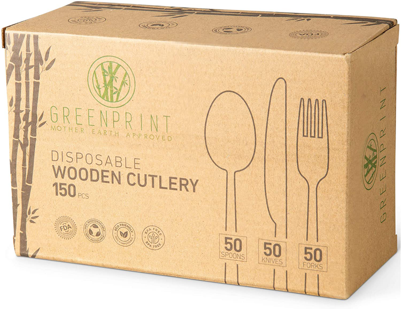 GREENPRINT Disposable Wooden Cutlery Sets - 150 Piece Total: 50 Forks, 50 Spoons, 50 Knives, 6 Inch Length Ecological Biodegradable Compostable Wooden Utensils Wooden Cutlery Home & Garden > Kitchen & Dining > Tableware > Flatware > Flatware Sets GREENPRINT Default Title  