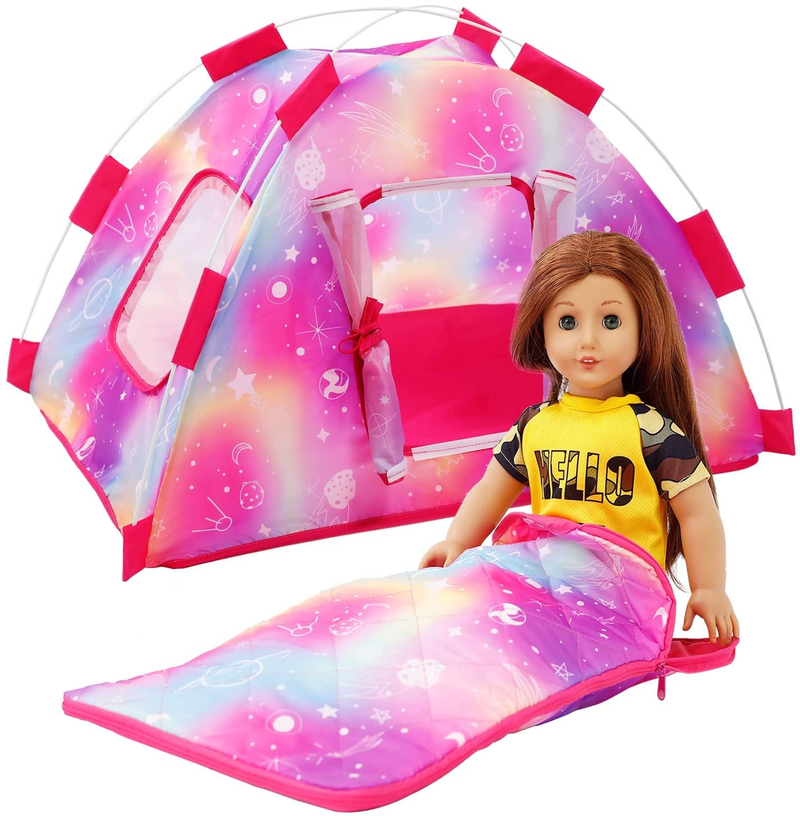 HOAKWA American 18 Inch Girl Dolls Camping Tent Accessories Set - Include Doll Camping Tent, Sleeping Bag, Camera, Doll Backpack, Toy Dog - 18" Doll Accessories Fits My Life, Generation, Journey Dolls Sporting Goods > Outdoor Recreation > Camping & Hiking > Tent Accessories HOAKWA   