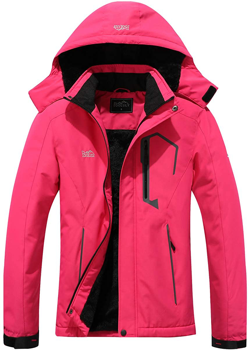 Pooluly Women's Ski Jacket Warm Winter Waterproof Windbreaker Hooded Raincoat Snowboarding Jackets  Pooluly Rose Red Medium 