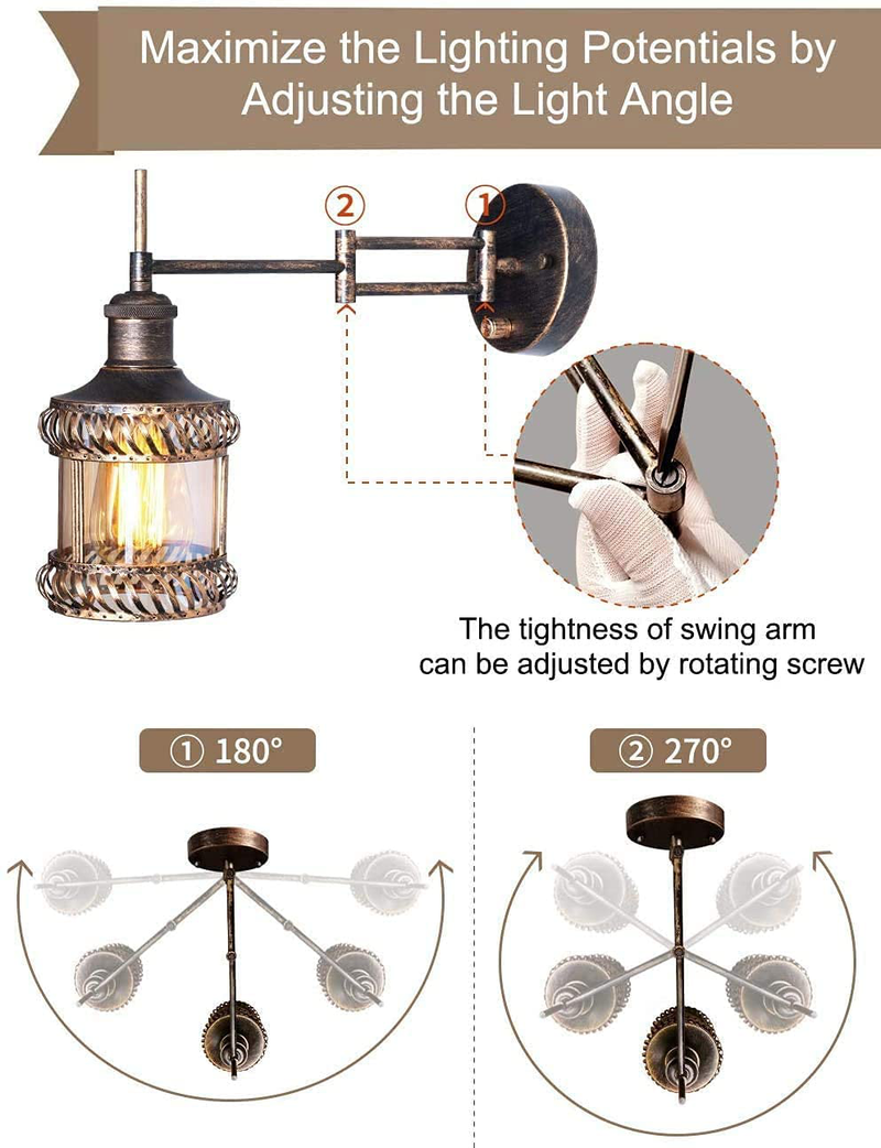 Swing Arm Wall Lamp, 2-In-1 270 Angle Adjustable Industrial Rustic Wall Sconces with Plug in Hardwired On/Off Switch Glass Shade Retro Iron Wall Light Fixtures for Bedside Bedroom Bathroom Living Room