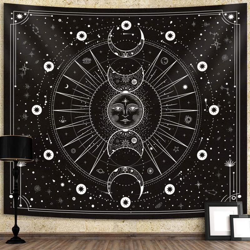 Sun Moon Tapestry Wall Hanging Stars Space Psychedelic Black and White Tapestries Wall Tapestry for Bedroom Aesthetic Home Wall Room Decor (Mysterious Black, 51.2x59.1 Inches, 130x150 cm) Home & Garden > Decor > Artwork > Decorative Tapestries Hihealer Mysterious Black 51.2x59.1 Inches, 130x150 cm 