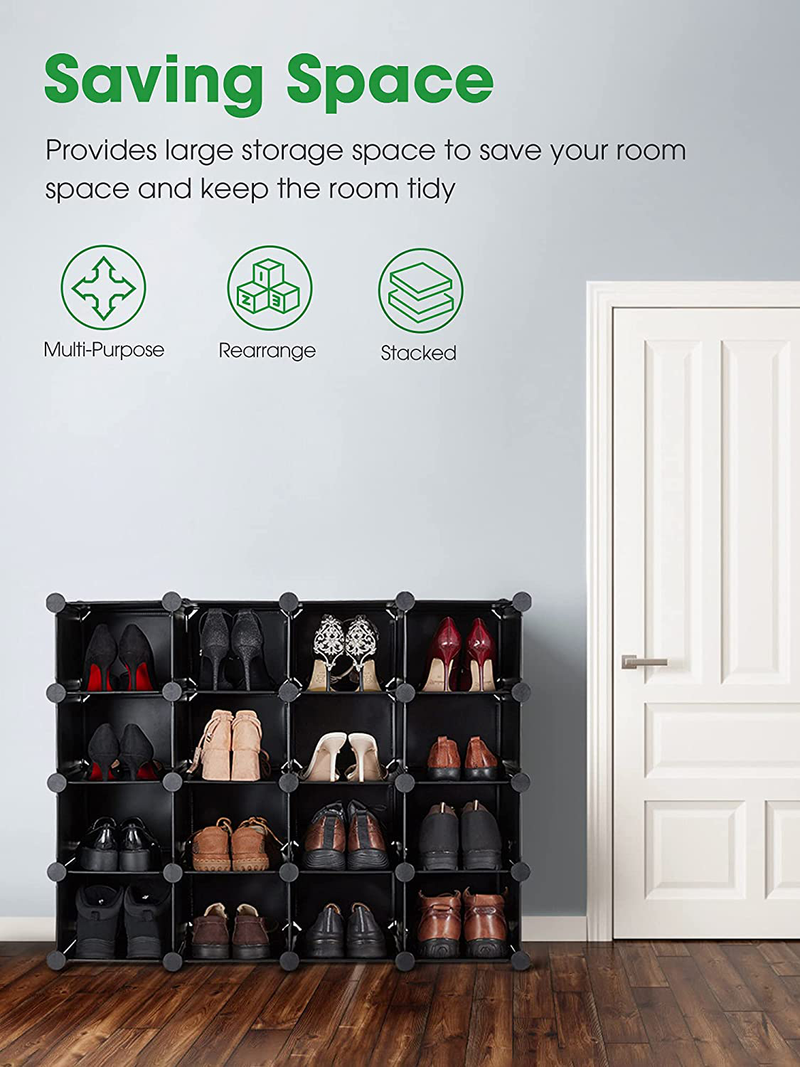 Puroma 16-Cube Stackable Shoe Organizer Plastic Shoe Storage Rack Durable Modular Shoe Cabinet, Space Saving for Closet Hallway Bedroom Entryway (Black) Furniture > Cabinets & Storage > Armoires & Wardrobes Puroma   
