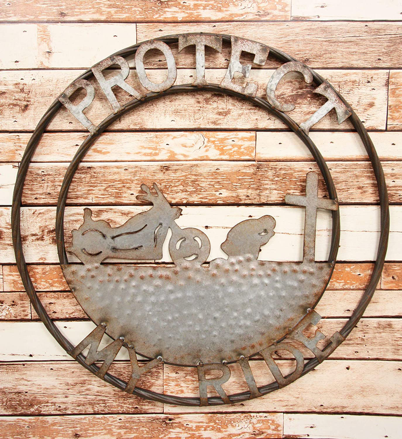 Ebros Gift Oversized 24" Wide Vintage Rustic Round Sign Braided Rope Galvanized Metal Circle Wall Decor 3D Art Decorative Greeting Plaque Western Country Ranch Home (Praying Biker Protect My Ride) Home & Garden > Decor > Artwork > Sculptures & Statues Ebros Gift Praying Biker Protect My Ride  
