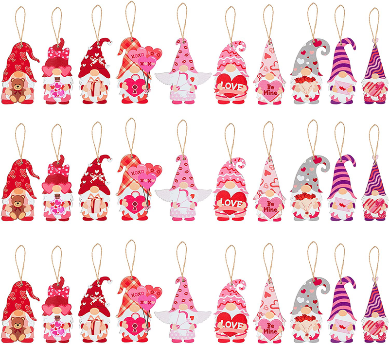 Haooryx 31Pcs Valentines Gnome Wooden Ornaments Hanging Decorations, Wood Gnome Elf Pendants Tags with Ropes for Valentine’S Day Hanging Decor Party Dinner Wedding Anniversary Decorate Supplies