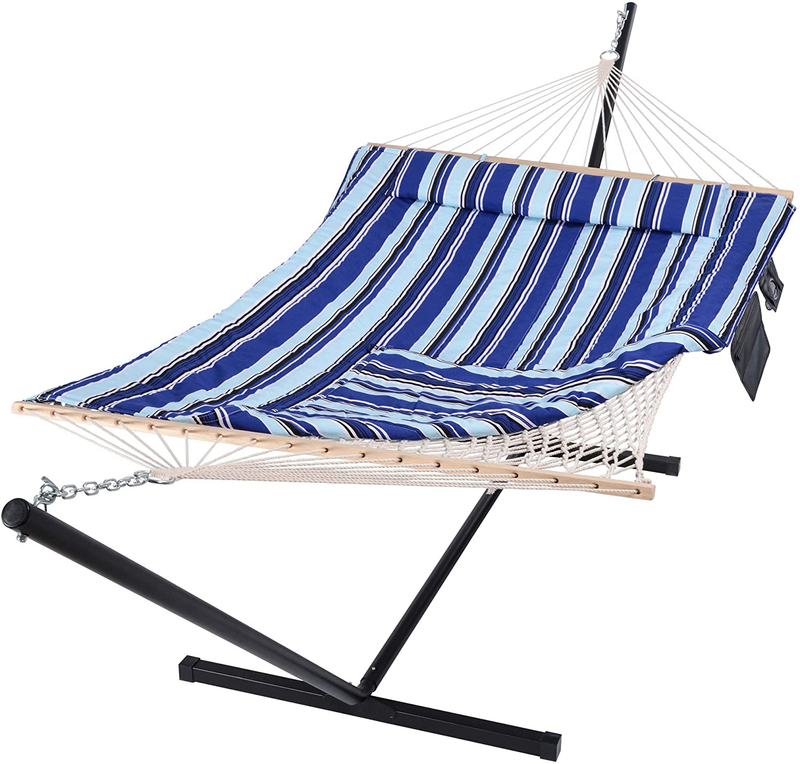 SUNCREAT Outdoor Double Hammock with Stand, Two Person Cotton Rope Hammock with Polyester Pad, Circle Pattern Home & Garden > Lawn & Garden > Outdoor Living > Hammocks SUNCREAT Blue Stripe  