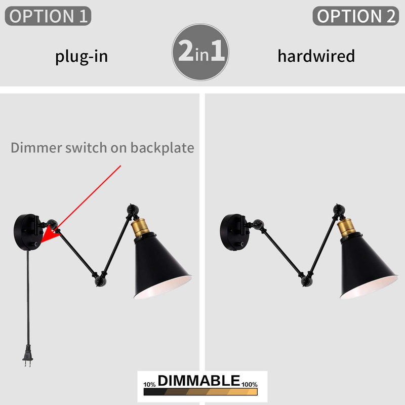 Larkar Dimmable 2 Lights Industrial Wall Sconce with On/Off Switch, Edison Vintage Style Swing Arm Wall Lamp Bronze Head,Black Lampshade, Plug-In/Hardwire, Lobby, Hallway, Kitchen, Dining Room, Restau Home & Garden > Lighting > Lighting Fixtures > Wall Light Fixtures KOL DEALS   