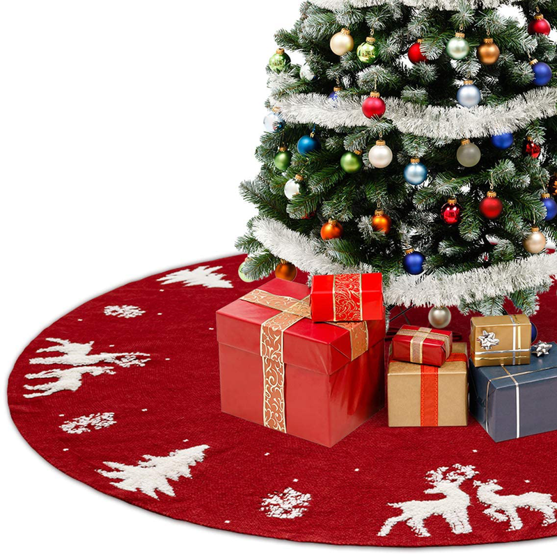 Huanchenda Christmas Tree Skirt 48 Inches Knitted Tree Skirt Elk Christmas Red Tree Dress Tree Mat for Holiday Decoration New Year Party (Red) Home & Garden > Decor > Seasonal & Holiday Decorations > Christmas Tree Skirts Huanchenda Red  