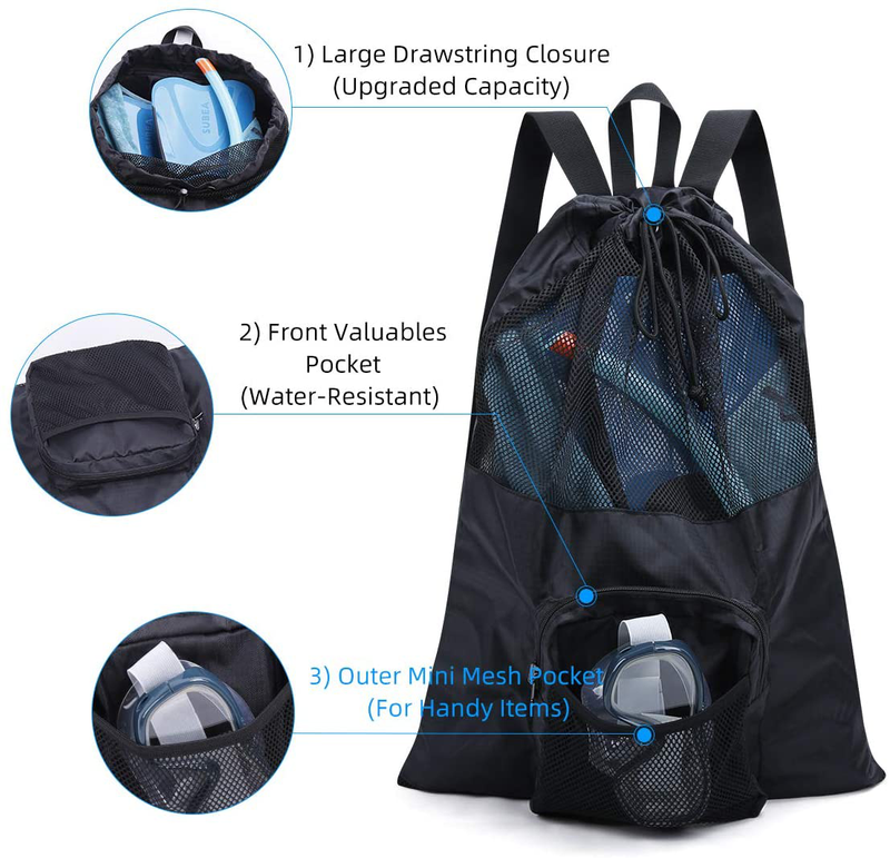 PACEARM Packable Swim Bag, Mesh Swim Drawstring Backpack with 35L Upgraded Capacity & Vented Design, Lightweight Swimmers Mesh Bag for Swimming Gear Snorkeling Equipment (Black) Sporting Goods > Outdoor Recreation > Boating & Water Sports > Swimming PACEARM   