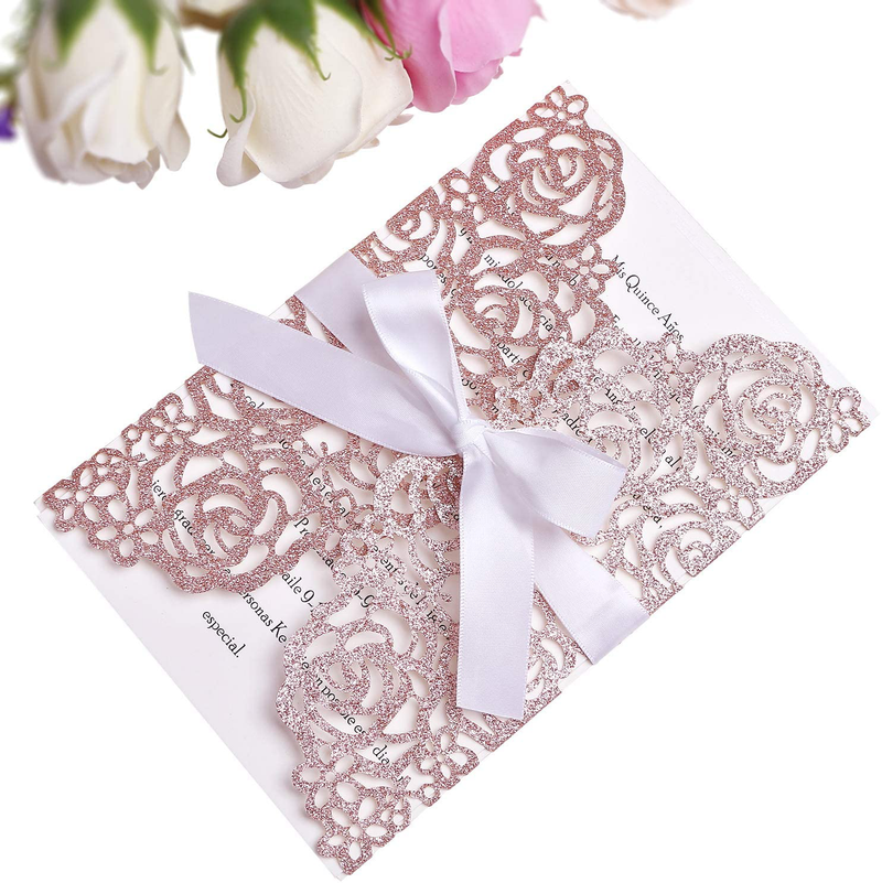 PONATIA 25PCS 250GSM 5.12 x 7.1'' Glitter Wedding Invitations Cards Laser Cut Hollow Rose With White Ribbons For Bridal Shower Engagement Birthday Graduation (Rose Gold Glitter) Arts & Entertainment > Party & Celebration > Party Supplies > Invitations ponatia Rose Gold Glitter  