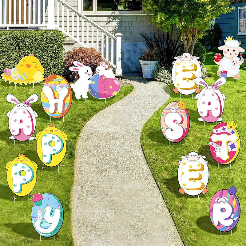 HOMENOTE 9Pcs Easter Yard Signs Decorations Outdoor, Easter Yard Decorations Lawn Signs with Stakes Basket Eggs Bunny Chick Waterproof Easter Garden Decor for Easter Party Decoration Home & Garden > Decor > Seasonal & Holiday Decorations homenote Happy Easter Eggs  