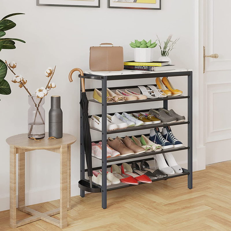 Metal Shoe Rack, 5-Tier Shoe Storage Organizer for Entryway Large Capacity Shoe Mesh Shelf Flat & Slant Adjustable with MDF Wooden Top Board for Hallway, Closet, Living Room, Bedroom (Marble White) Furniture > Cabinets & Storage > Armoires & Wardrobes SimpleWise   