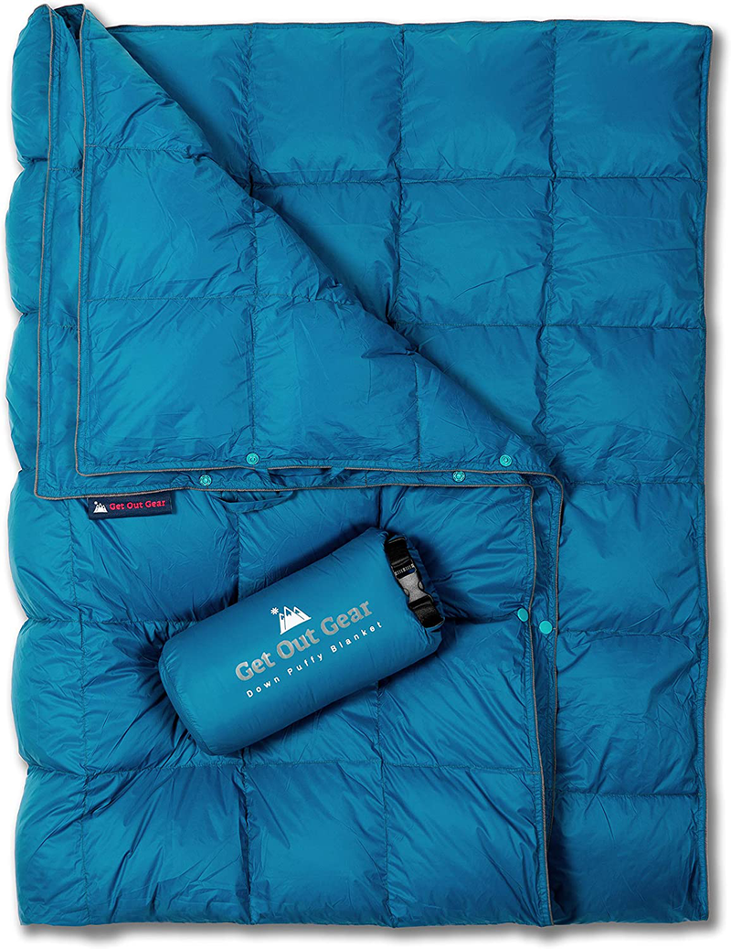 Get Out Gear Down Camping Blanket - Puffy, Packable, Lightweight and Warm | Ideal for Outdoors, Travel, Stadium, Festivals, Beach, Hammock | 650 Fill Power Water-Resistant Backpacking Quilt Home & Garden > Lawn & Garden > Outdoor Living > Outdoor Blankets > Picnic Blankets Get Out Gear Teal Blue/Gray  