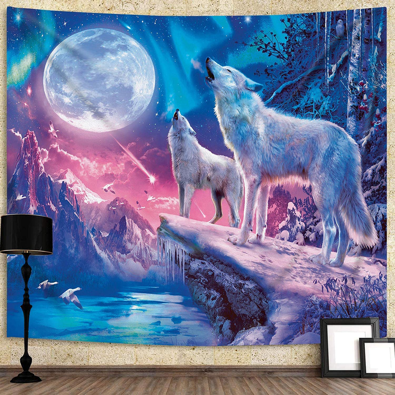 DBLLF Cool Wolf Tapestry Fantasy Animals Moon Tapestry for Boys Men Bedroom Colorful Aesthetic Blue Galaxy Mountian Forest Tapestry 80”60” Flannel Large Art Tapestries for Living Room Dorm DBLS855 Home & Garden > Decor > Artwork > Decorative TapestriesHome & Garden > Decor > Artwork > Decorative Tapestries DBLLF 84Wx90L  