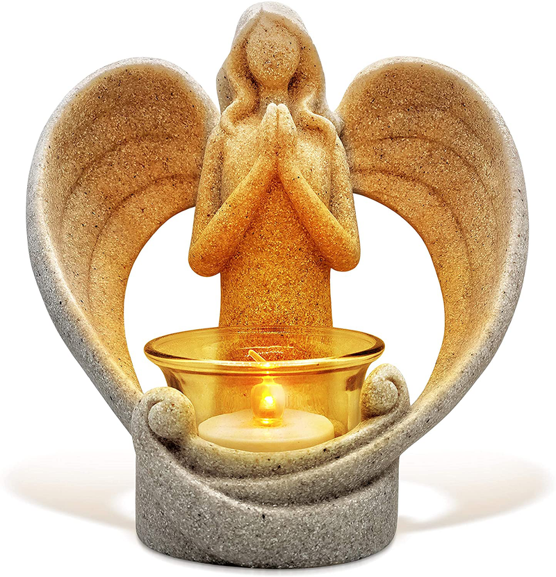 OakiWay Memorial Gifts – Angel Figurines Tealight Candle Holder, Sympathy Gifts for Loss of Loved One, W/ Flickering Led Candle, Bereavement, Grief, Funeral, Remembrance, Memory Home Decorations