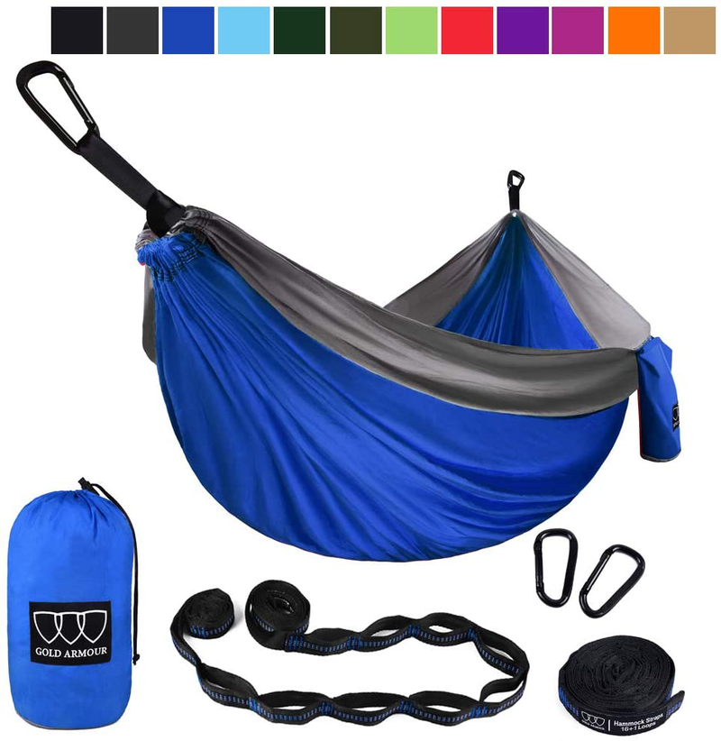 Gold Armour Camping Hammock - Extra Large Double Parachute Hammock USA Based Brand Lightweight Nylon Adults Teens Kids, Camping Accessories Gear (Sky Blue and Gray) Home & Garden > Lawn & Garden > Outdoor Living > Hammocks Gold Armour Blue and Gray  
