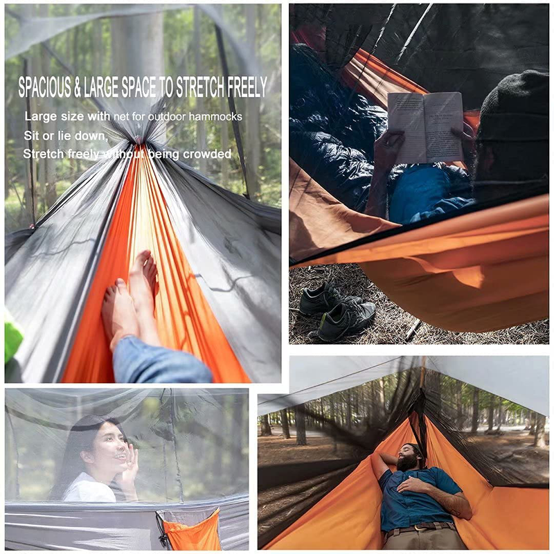 Hammocks with Net, Camping Hammock Mosquito Net Portable Nylon Hammocks Parachute Lightweight with Tree Straps, Garden Hammock for Outdoor Hiking Travel (Black/Gray)