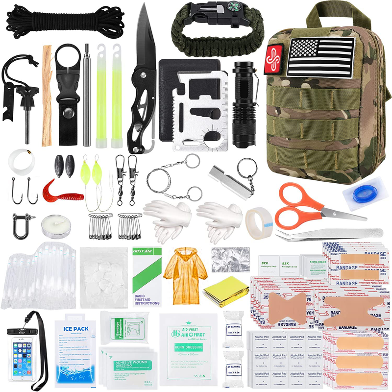 KOSIN Survival Gear and Equipment, 500 Pcs Survival First Aid kit, Fishing Gifts for Men Dad Boy Fathers Day, Trauma Bag Compatible Outdoor Tactical Gear Molle Pouch for Camping Hunting Hiking  KOSIN Brown  